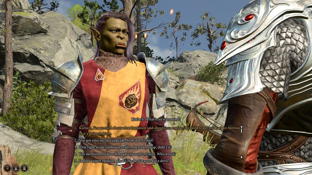 Claude, a half-orc paladin in a red and gold tabard, at camp talking to Karlach