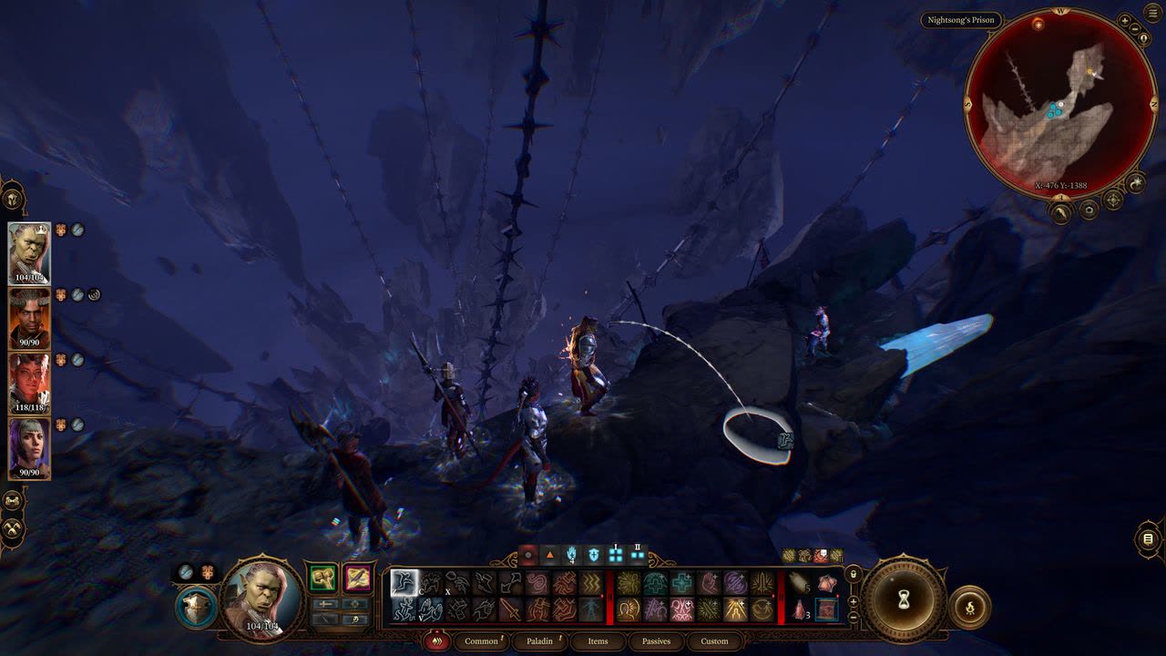 The party on a floating rock in Nightsong's Prison, the game's jump arc aimed across the void at a lower ledge